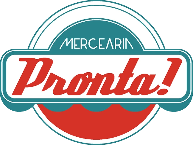 Logotipo do Mercearia Pronta, destaque para o nome com fonte em vermelho e fundo azul com detalhes em branco, ideal para mercearias e mercados. Usa a palavra-chave "mercearia".