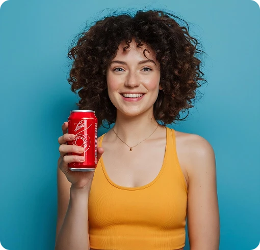Mulher com cabelo cacheado, sorrindo, segurando uma lata de refrigerante Coca-Cola, usando top amarelo, fundo azul, imagem otimizada para a palavra-chave