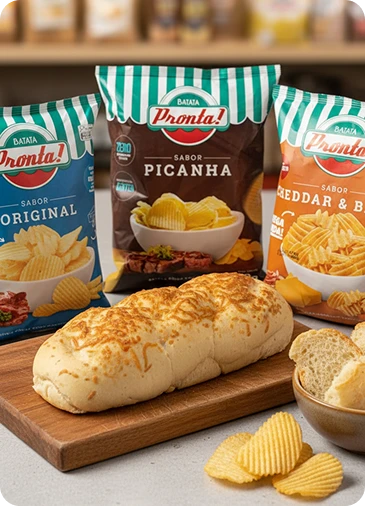 Três pacotes de snacks Annormal de diferentes sabores, incluindo um de sabor picanha, em destaque ao lado de um pão com manteiga, em um ambiente de cozinha.