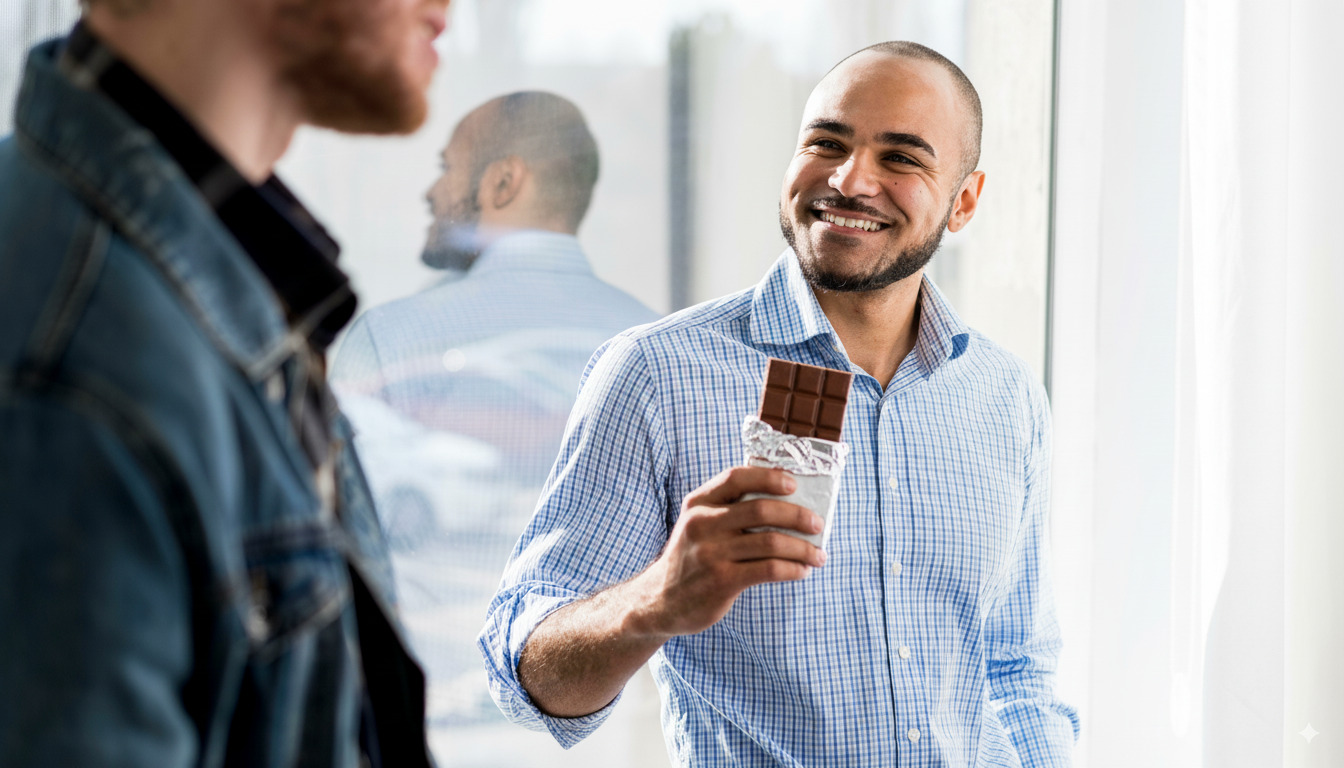 Homem sorridente com uma barra de chocolate em um ambiente de escritório, celebrando uma ocasião especial com colega ao lado.