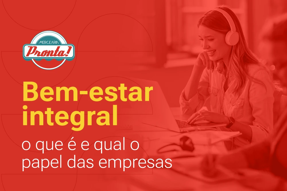 Imagem de uma mulher feliz usando fones de ouvido enquanto trabalha em um ambiente de escritório, ilustrando bem-estar integral no trabalho.