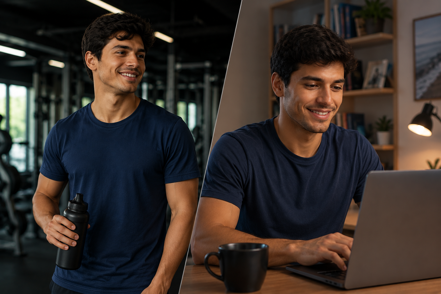 Colagem com dois momentos de um homem sorridente em ambiente de trabalho e academia: à esquerda ele segura uma garrafa shaker; à direita trabalha em um computador em casa.
